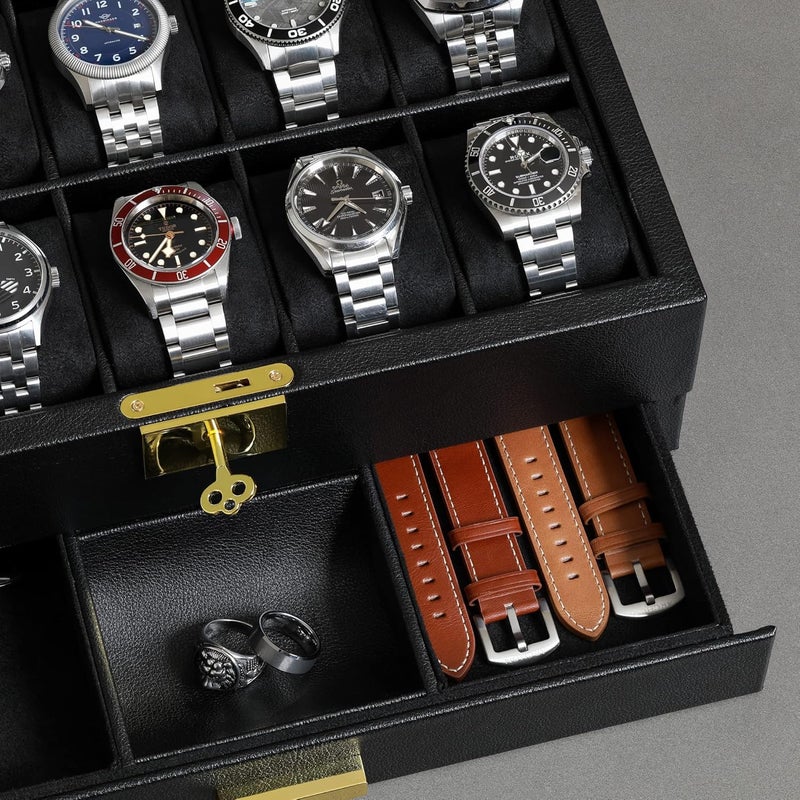 ROTHWELL 10-Slot Watch Box in Leather with Valet Drawer, Luxury Watch Case Display Organizer with Ultra Soft Microsuede Liner, Jewelry and Sunglass Holder With Large Glass top (Black/Black) - Image 4